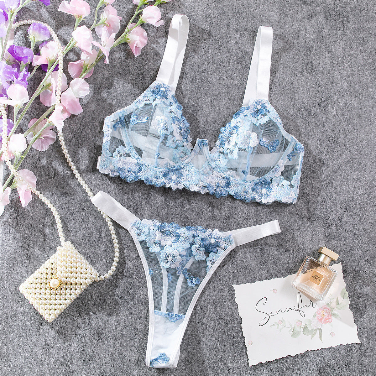Blue Embroidered Bra Low-cut Sexy Lingerie With Steel Ring