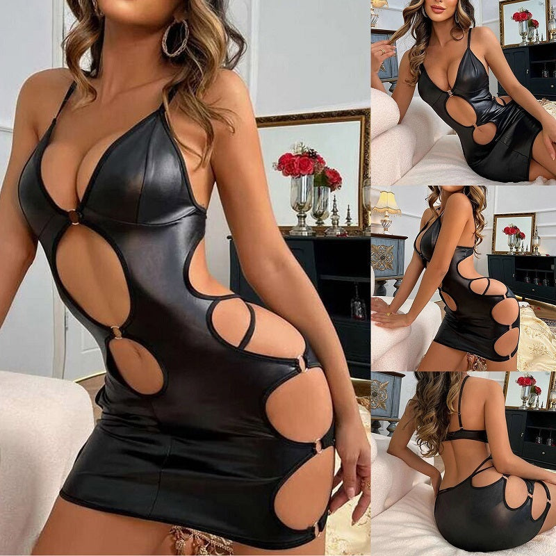 European And American Sexy Lingerie Sexy Black Patent Leather Halter Hollow-out Dress