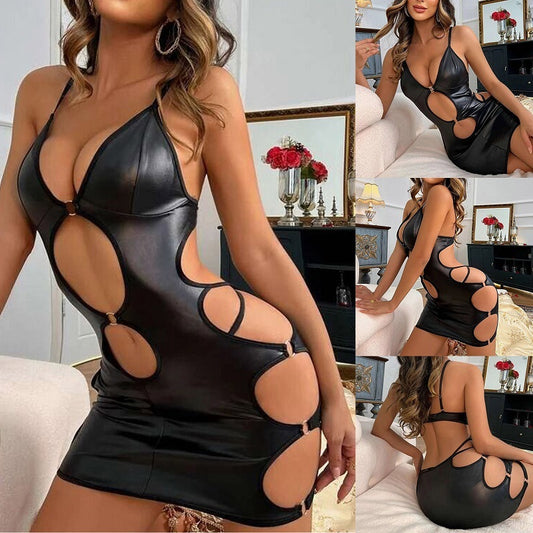 European And American Sexy Lingerie Sexy Black Patent Leather Halter Hollow-out Dress